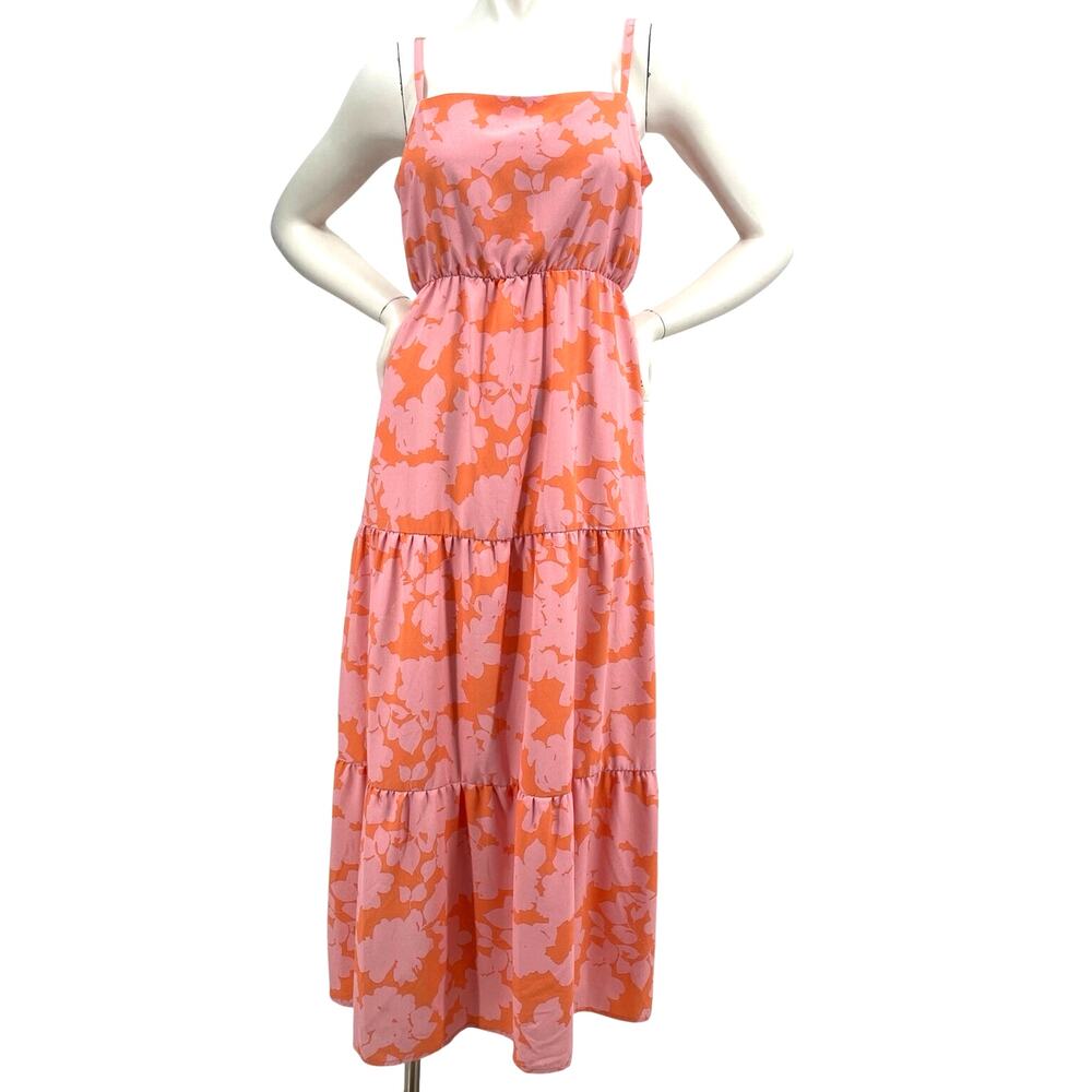 Social Standard Sanctuary Ladies Smocked Back Strap Melon Floral Tiered Dress Lg